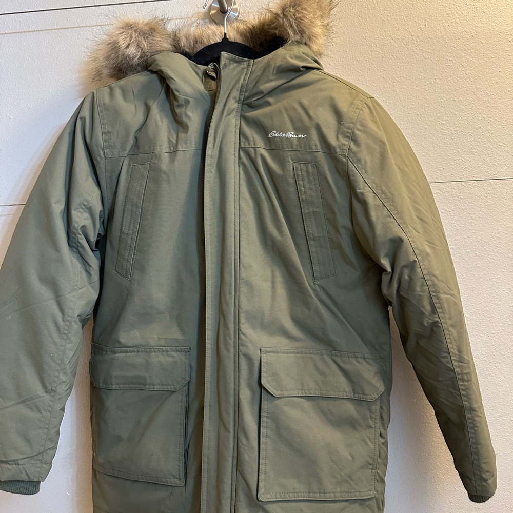Eddie Bauer Boys Olive Puffer Jacket with faux  Fur Hood size 14